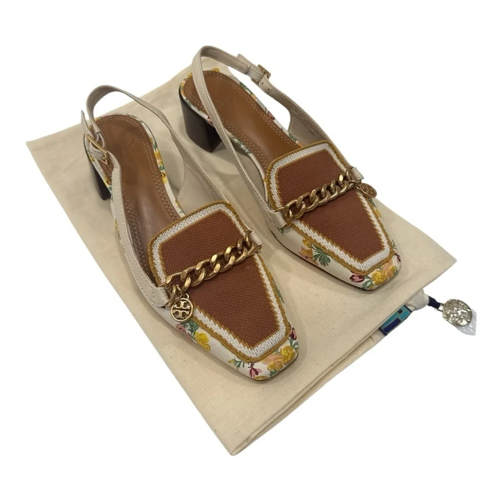 Tory Burch Mini Benton Charm Floral Chain-Embellished Slingback Heels size 6 M